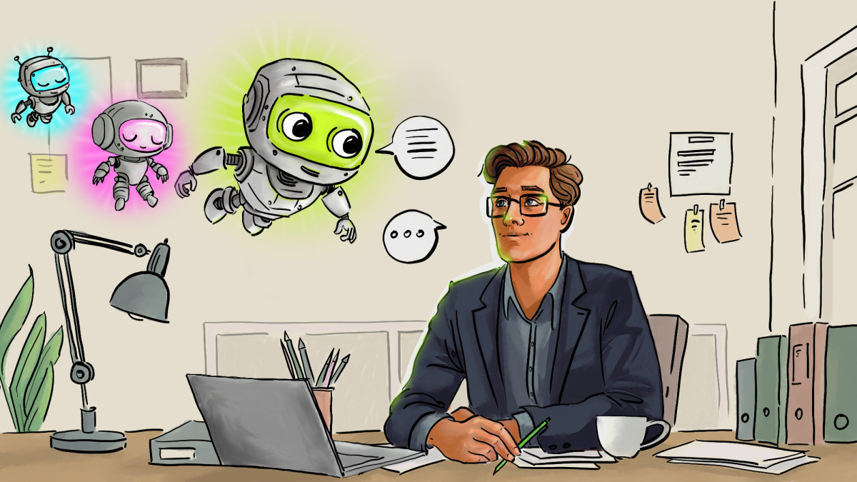 Eine Illustration von einem Makler am Schreibtisch, es kommen drei unterschiedliche kleine Roboter geflogen.